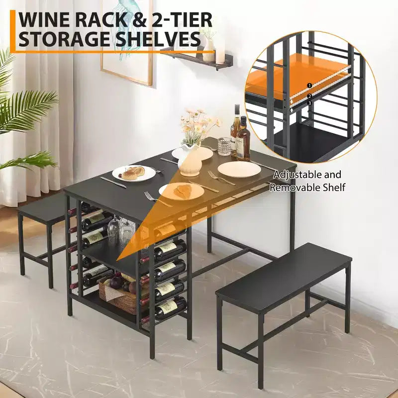 Ensemble table et chaises de salle à manger CuisinSmart pour 4 personnes, table de cuisine avec 2 bancs, ensemble de salle à manger avec porte-bouteilles, marron, noir, gris