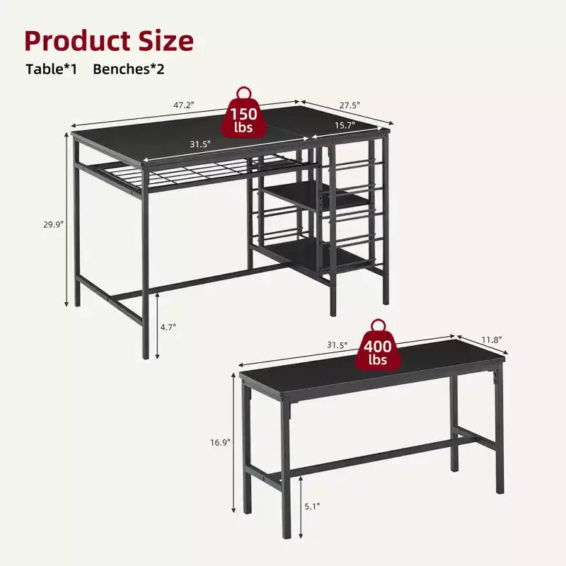 Ensemble table et chaises de salle à manger CuisinSmart pour 4 personnes, table de cuisine avec 2 bancs, ensemble de salle à manger avec porte-bouteilles, marron, noir, gris