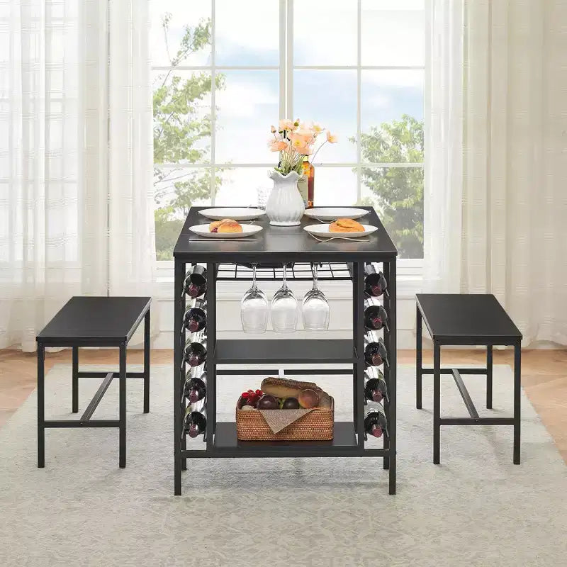 Ensemble table et chaises de salle à manger CuisinSmart pour 4 personnes, table de cuisine avec 2 bancs, ensemble de salle à manger avec porte-bouteilles, marron, noir, gris
