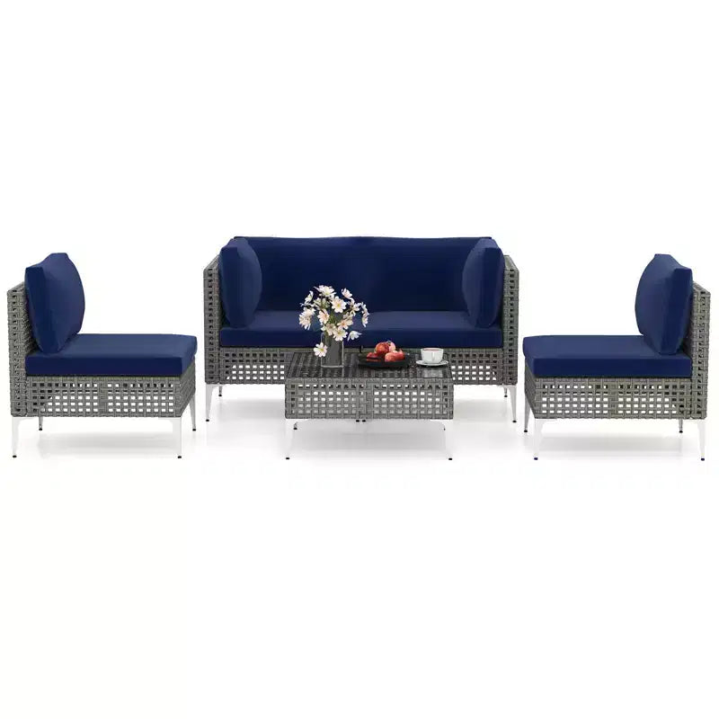 Ensemble de mobilier d'extérieur Costway 5 pièces avec coussins d'assise et de dossier Table basse en verre trempé Bleu marine/Gris