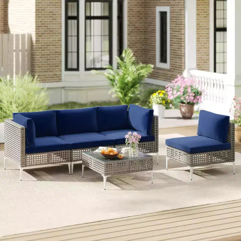 Ensemble de mobilier d'extérieur Costway 5 pièces avec coussins d'assise et de dossier Table basse en verre trempé Bleu marine/Gris