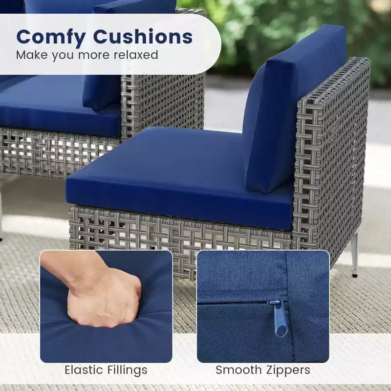 Ensemble de mobilier d'extérieur Costway 5 pièces avec coussins d'assise et de dossier Table basse en verre trempé Bleu marine/Gris