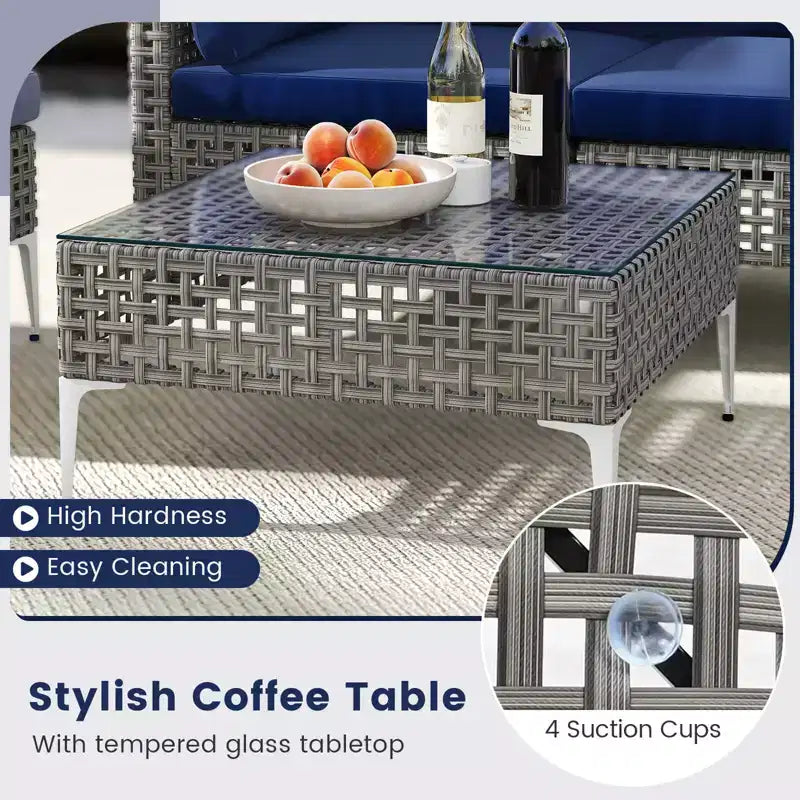 Ensemble de mobilier d'extérieur Costway 5 pièces avec coussins d'assise et de dossier Table basse en verre trempé Bleu marine/Gris