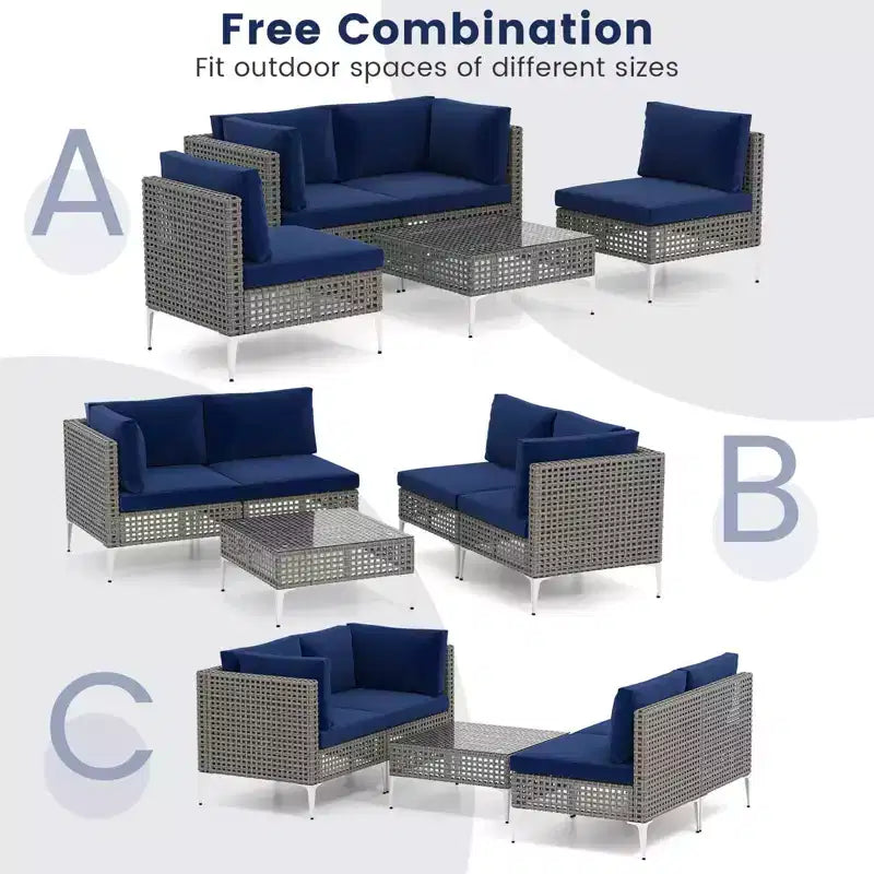 Ensemble de mobilier d'extérieur Costway 5 pièces avec coussins d'assise et de dossier Table basse en verre trempé Bleu marine/Gris