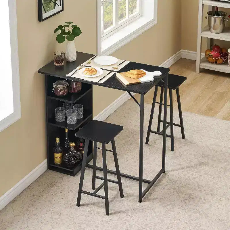 3-Piece Bar Table and Stools Set, Counter Height with Storage Shelves, Space-Saving Kitchen, Apartment & Breakfast Nook Furniture
