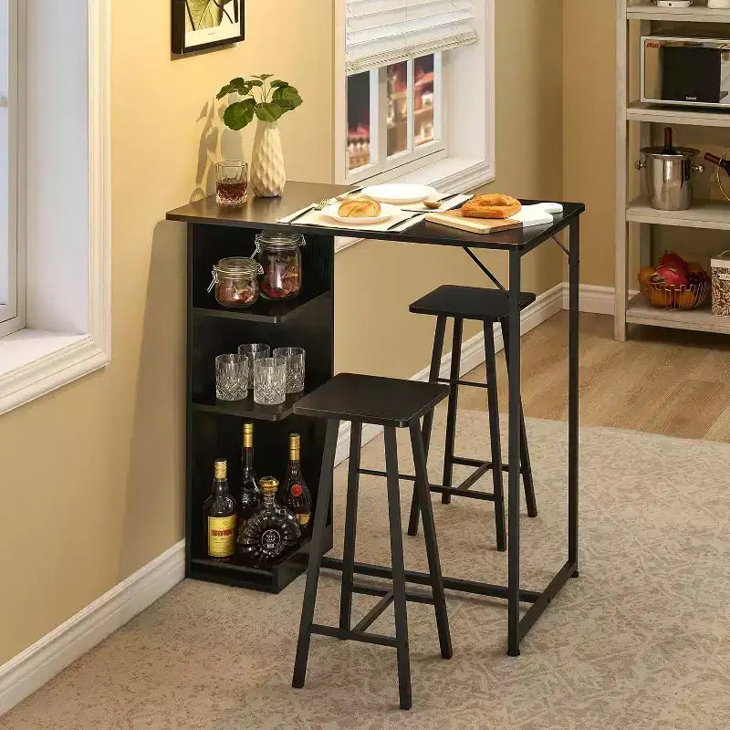 Ensemble table de bar et 2 tabourets, hauteur comptoir avec étagères de rangement, gain de place pour cuisine, appartement et coin-repas