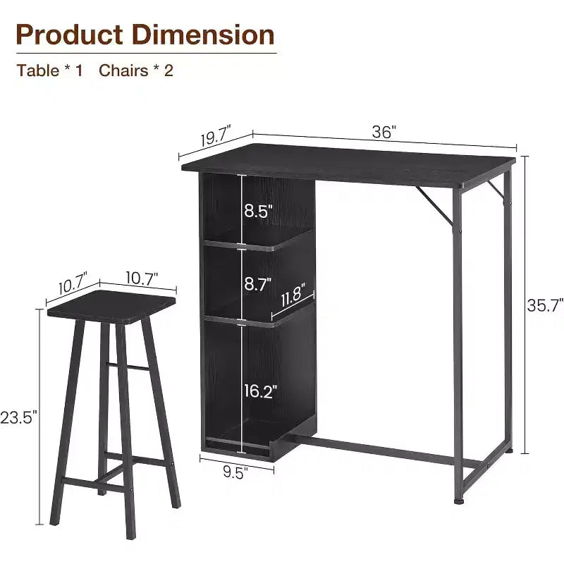 Ensemble table de bar et 2 tabourets, hauteur comptoir avec étagères de rangement, gain de place pour cuisine, appartement et coin-repas