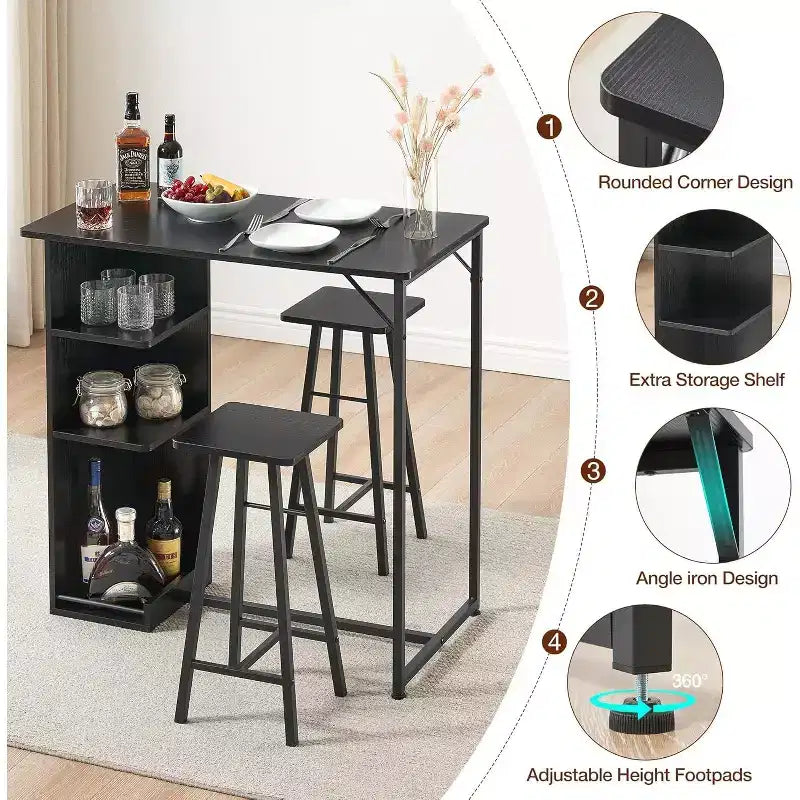 Ensemble table de bar et 2 tabourets, hauteur comptoir avec étagères de rangement, gain de place pour cuisine, appartement et coin-repas