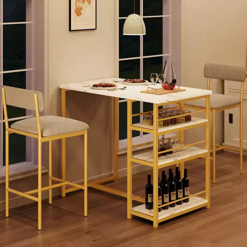 Counter Height Kitchen Table with 2 Upholstered Bar Stools, Wood Dining Table Chairs Set for 2 with Storage Shelves, for Small Space, Apartment