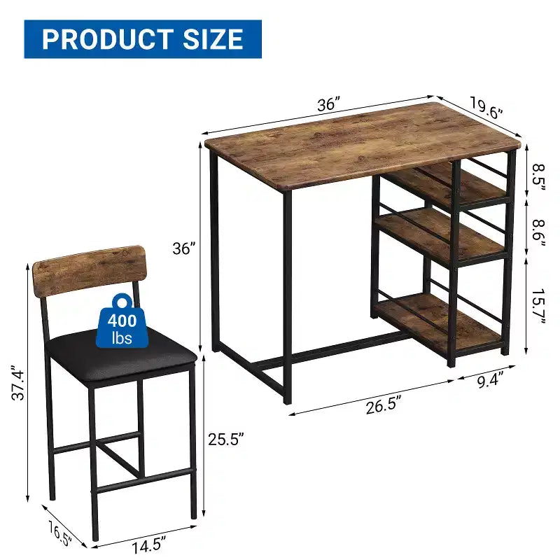 Table de cuisine hauteur comptoir avec 2 tabourets de bar rembourrés, ensemble table et chaises de salle à manger en bois pour 2 avec étagères de rangement, pour petits espaces, appartement