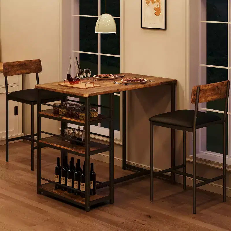 Table de cuisine hauteur comptoir avec 2 tabourets de bar rembourrés, ensemble table et chaises de salle à manger en bois pour 2 avec étagères de rangement, pour petits espaces, appartement
