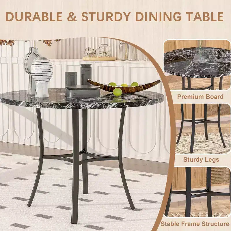VECELO Ensemble table et 4 chaises de salle à manger, dînette en faux marbre avec 4 chaises pour cuisine, petit espace, noir/blanc