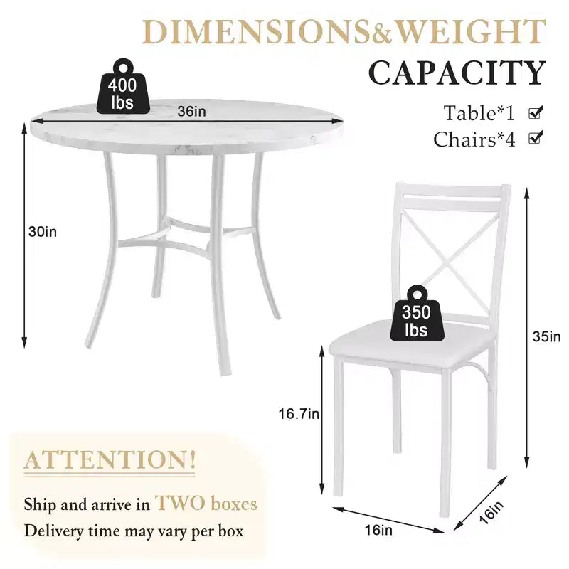 VECELO Ensemble table et 4 chaises de salle à manger, dînette en faux marbre avec 4 chaises pour cuisine, petit espace, noir/blanc