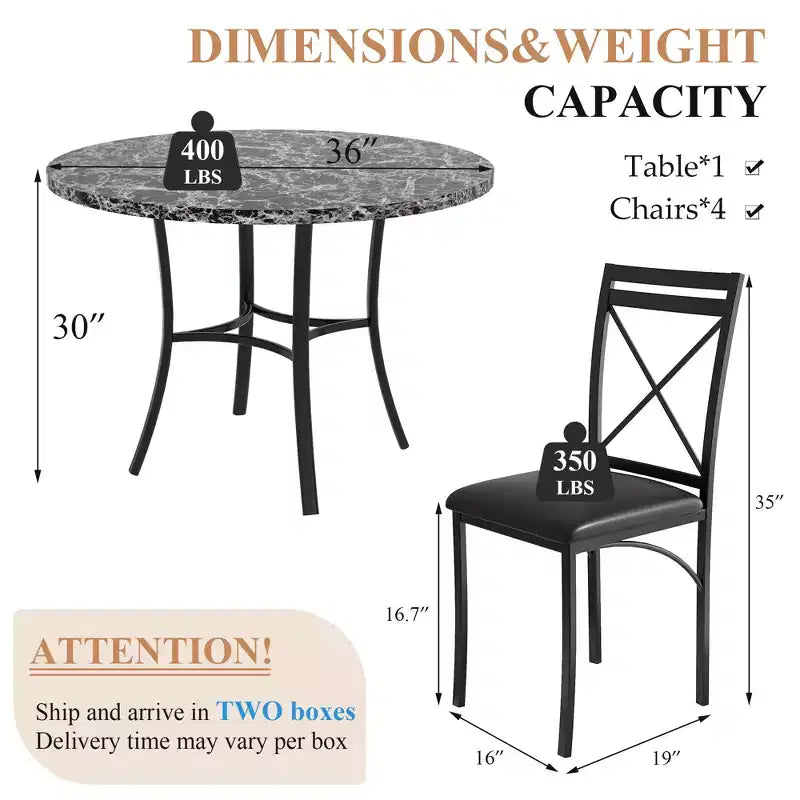 VECELO Ensemble table et 4 chaises de salle à manger, dînette en faux marbre avec 4 chaises pour cuisine, petit espace, noir/blanc