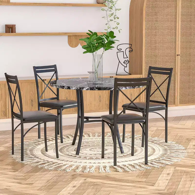 VECELO Ensemble table et 4 chaises de salle à manger, dînette en faux marbre avec 4 chaises pour cuisine, petit espace, noir/blanc