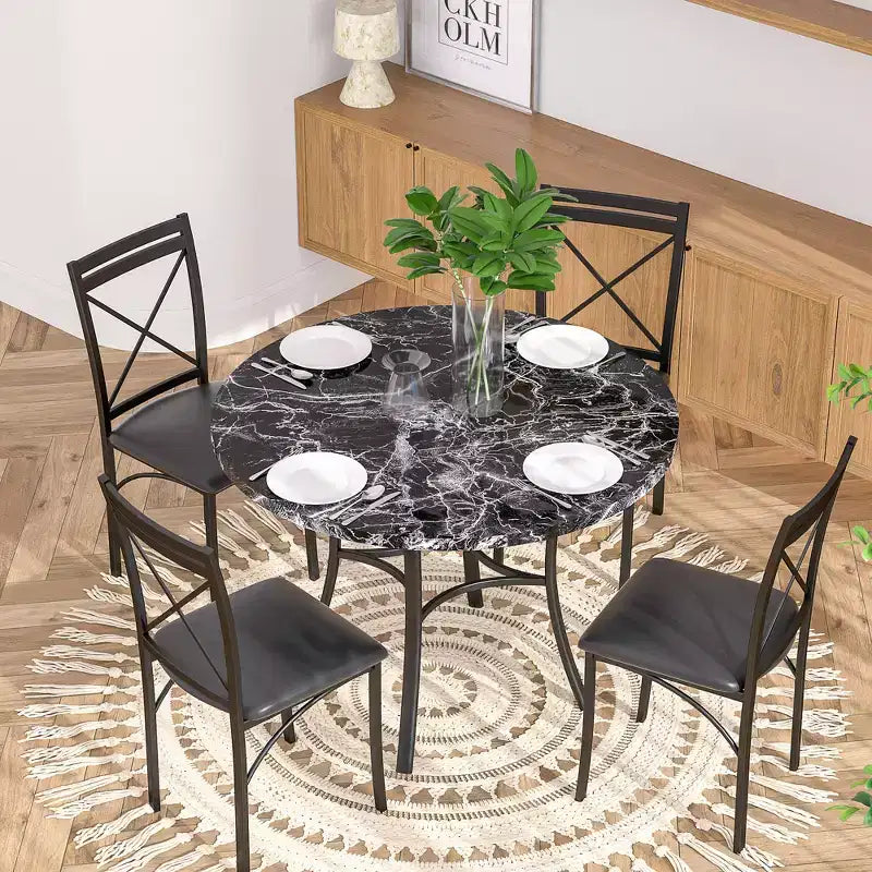 VECELO Ensemble table et 4 chaises de salle à manger, dînette en faux marbre avec 4 chaises pour cuisine, petit espace, noir/blanc
