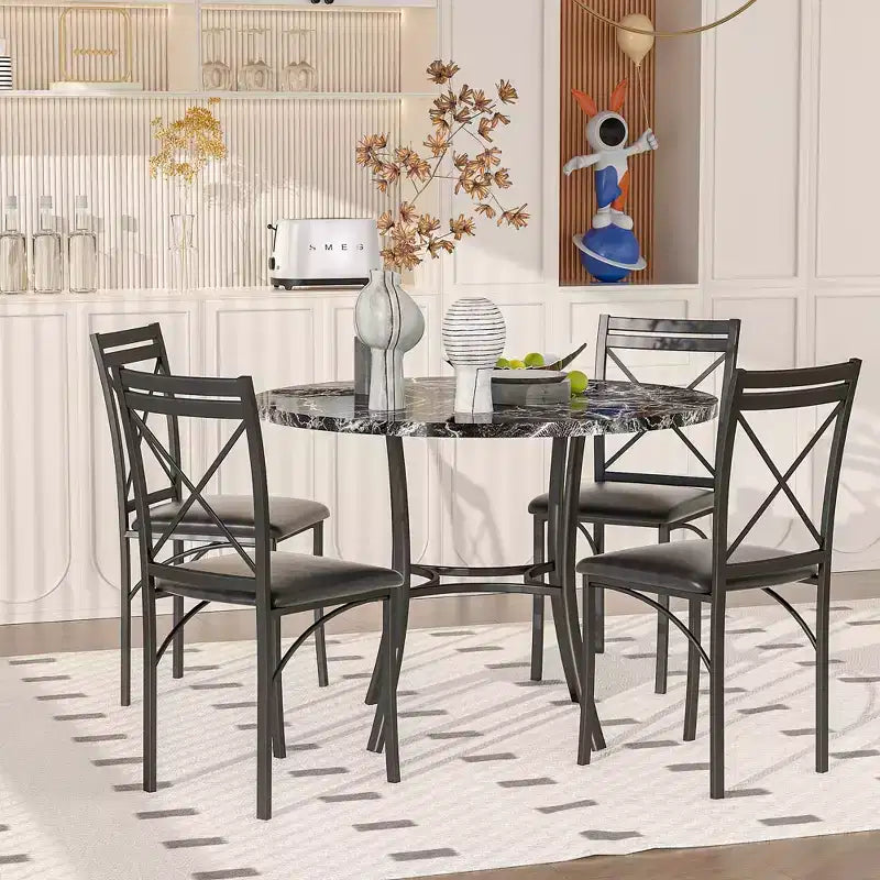 VECELO Ensemble table et 4 chaises de salle à manger, dînette en faux marbre avec 4 chaises pour cuisine, petit espace, noir/blanc