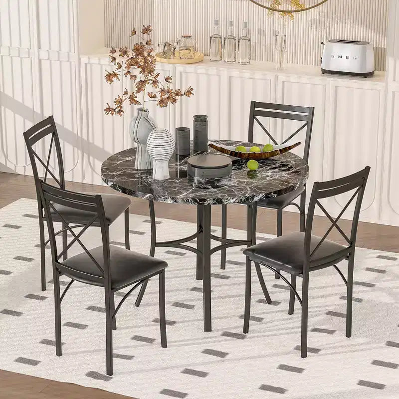 VECELO 5-Piece Dining Table Set for 4, Faux Marble Dinette with 4 Chairs for Kitchen, Small Space, Black/White