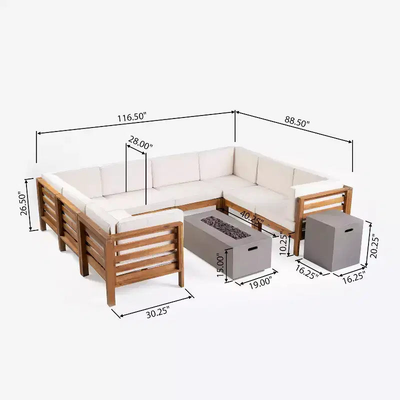 GDFStudio Cascada, ensemble de canapés modulaires d'extérieur 8 places en bois d'acacia avec foyer