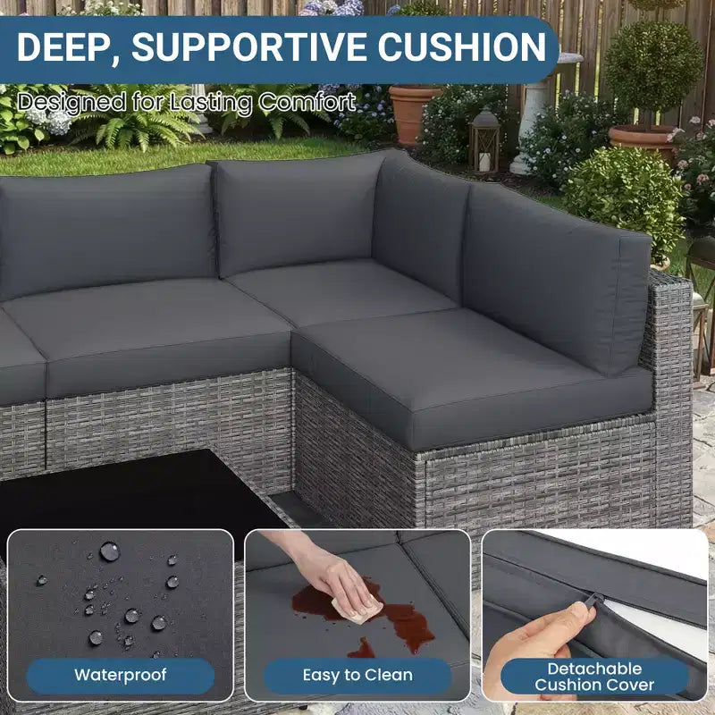 Salon de jardin 7 pièces en rotin, canapé modulaire d'extérieur avec coussins et table basse