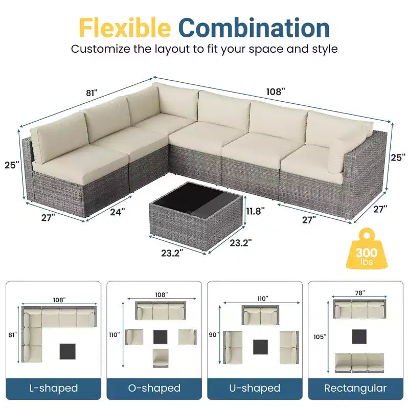 Salon de jardin 7 pièces en rotin, canapé modulaire d'extérieur avec coussins et table basse