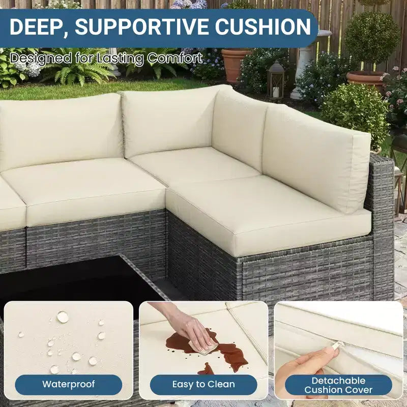 Salon de jardin 7 pièces en rotin, canapé modulaire d'extérieur avec coussins et table basse