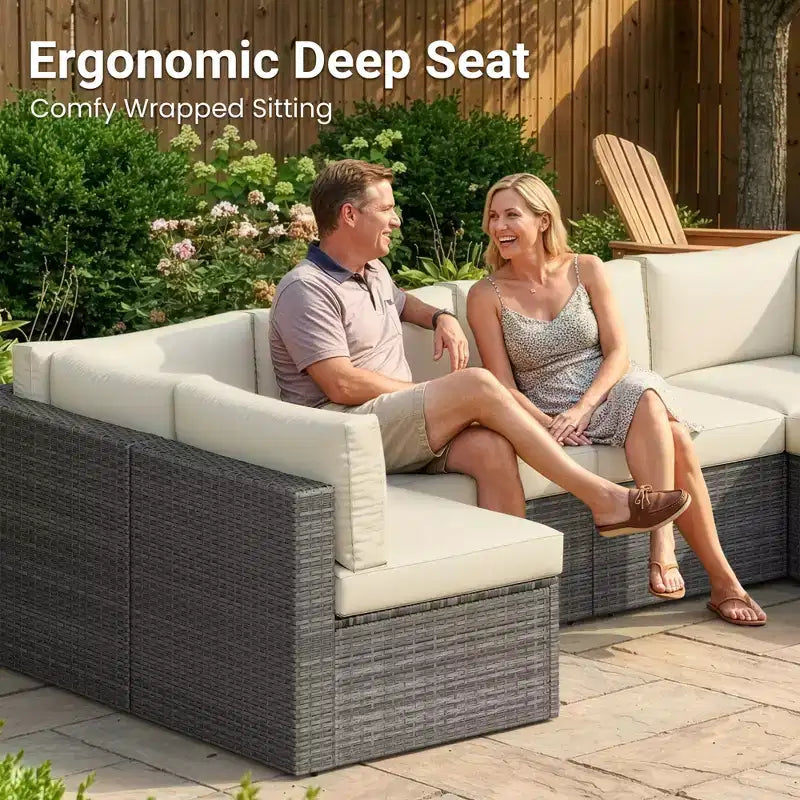 Salon de jardin 7 pièces en rotin, canapé modulaire d'extérieur avec coussins et table basse
