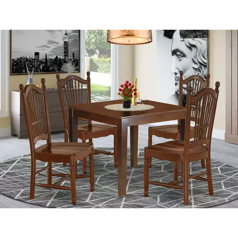 HomeStock Belmont 5Pc Square 36 Dinner Table And Four Wood Seat Kitchen Chairs, Mahogany