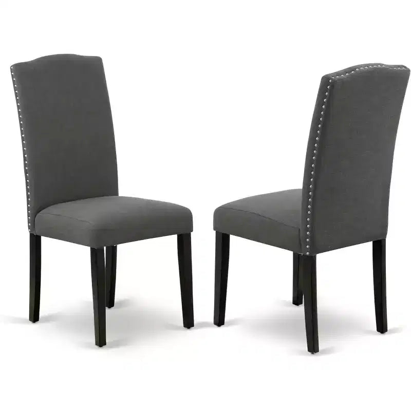 HomeStock Belmont Table à manger rectangulaire 7 pièces 152 cm et six chaises Parson avec pieds noirs et tissu en lin gris foncé Gotham