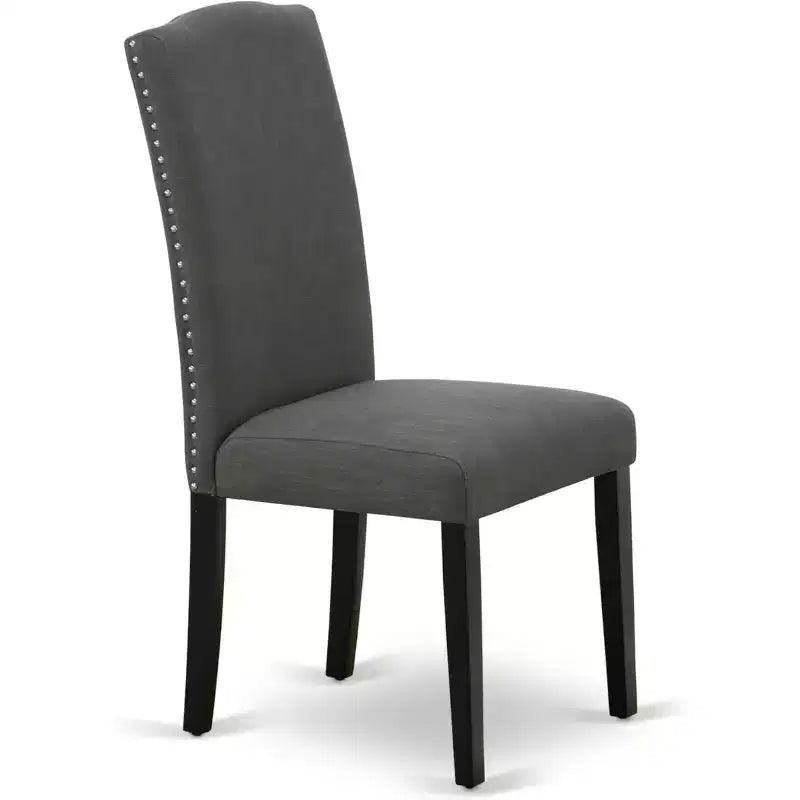 HomeStock Belmont Table à manger rectangulaire 7 pièces 152 cm et six chaises Parson avec pieds noirs et tissu en lin gris foncé Gotham