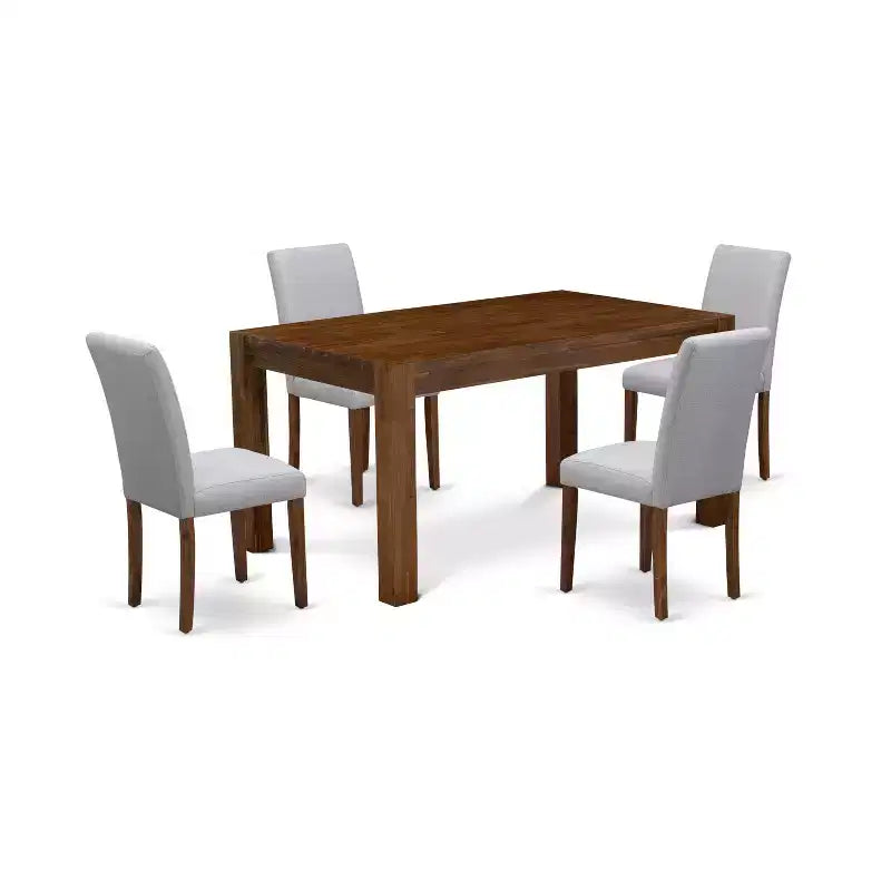 Ensemble de salle à manger moderne 5 pièces HomeStock Belmont – 4 chaises de salle à manger, table à manger en bois – Siège en tissu de lin gris, dossier haut (Finition Noyer Antique)