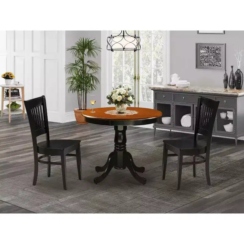 HomeStock Belmont 3-Piece Dining Room Set- 2 Kitchen Chair and Modern Dining Room Table - Wooden Seat and Slatted Chair Back - Black Finish