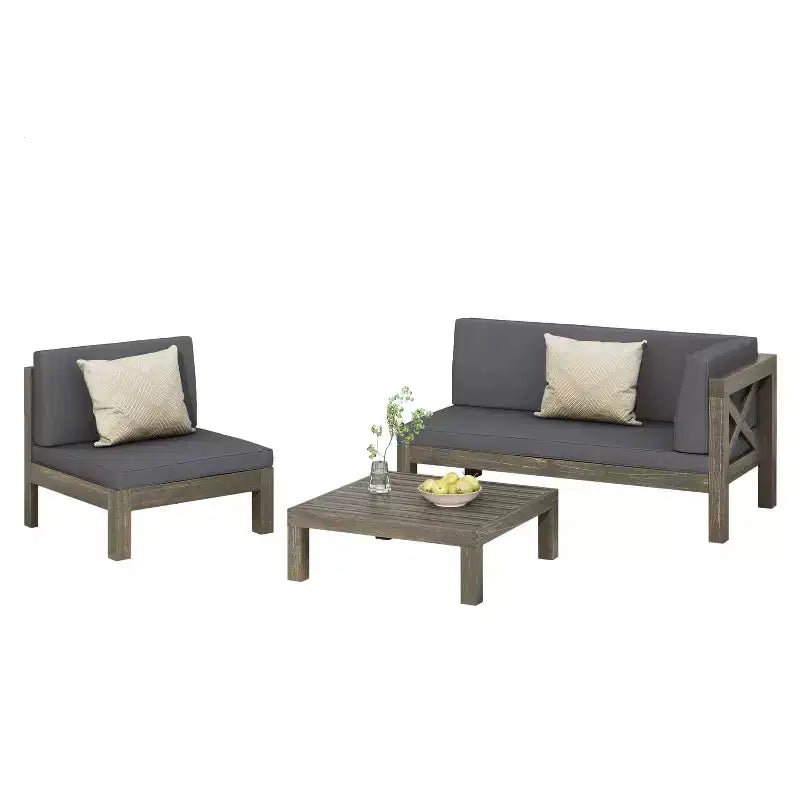 GDFStudio Elowen Ensemble 3 pièces de conversation d'extérieur à accoudoir droit en bois d'acacia et tissu déperlant avec dossier en X