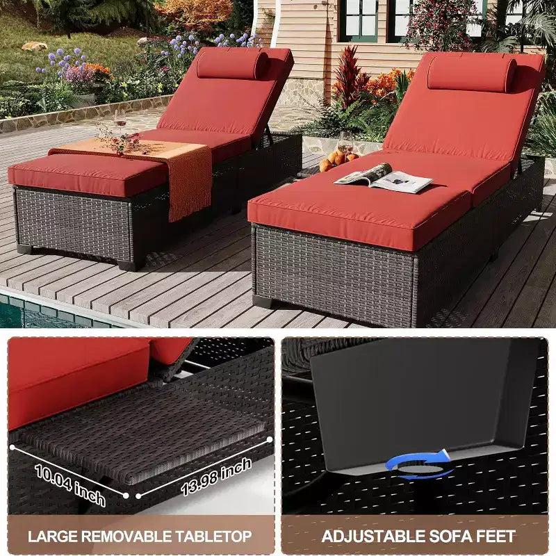 GustoWave Lot de 2 chaises longues d'extérieur en rotin PE, transat de piscine, chaise longue à dossier réglable
