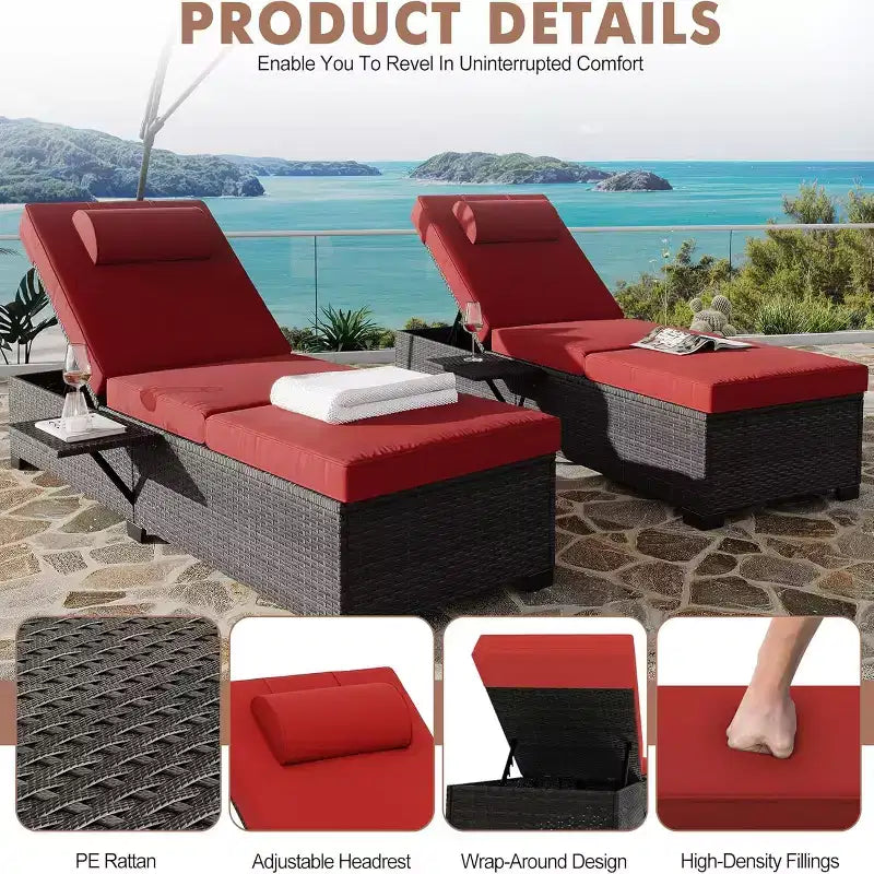 GustoWave Lot de 2 chaises longues d'extérieur en rotin PE, transat de piscine, chaise longue à dossier réglable