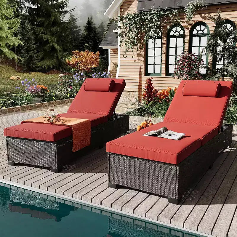 GustoWave Lot de 2 chaises longues d'extérieur en rotin PE, transat de piscine, chaise longue à dossier réglable