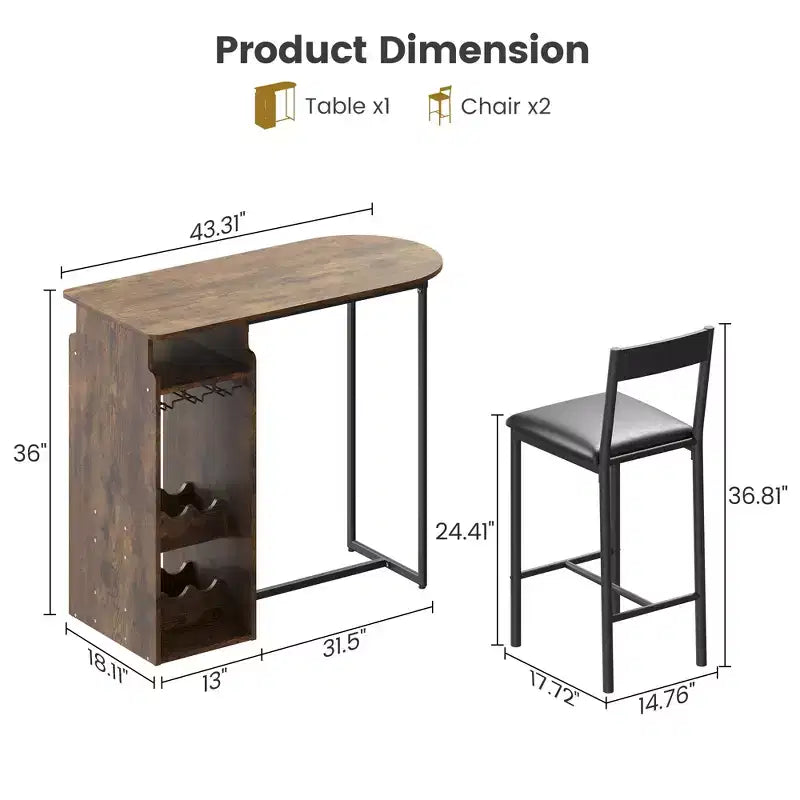 Ensemble table et chaises de bar rétro pour 2 avec casier à vin et porte-verres, ensemble table de bar hauteur comptoir avec étagère de rangement ouverte, table de salle à manger de cuisine