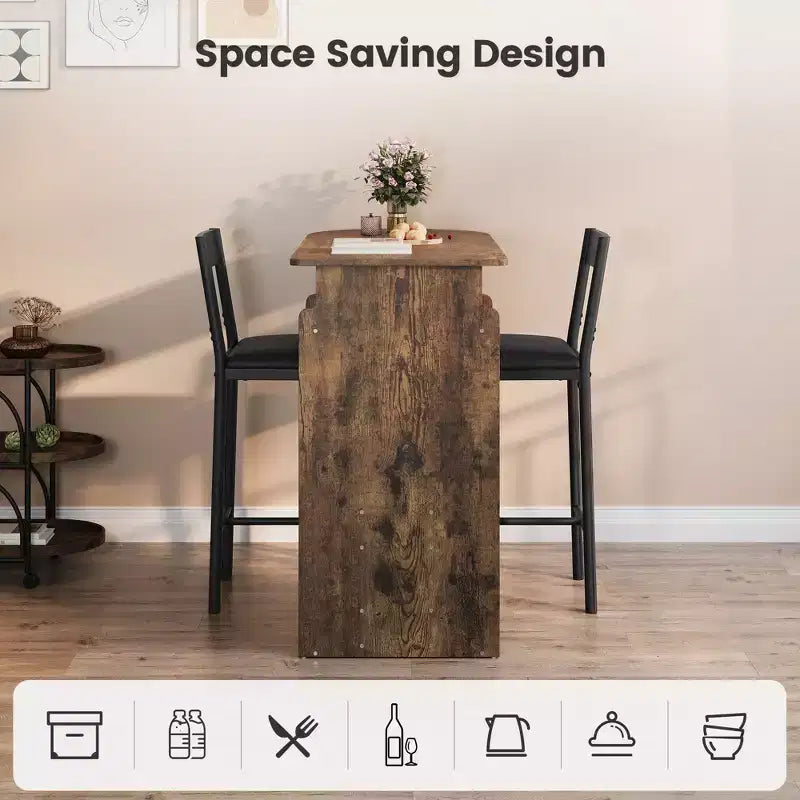 Ensemble table et chaises de bar rétro pour 2 avec casier à vin et porte-verres, ensemble table de bar hauteur comptoir avec étagère de rangement ouverte, table de salle à manger de cuisine