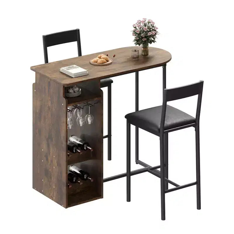 Ensemble table et chaises de bar rétro pour 2 avec casier à vin et porte-verres, ensemble table de bar hauteur comptoir avec étagère de rangement ouverte, table de salle à manger de cuisine