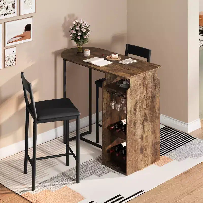 Ensemble table et chaises de bar rétro pour 2 avec casier à vin et porte-verres, ensemble table de bar hauteur comptoir avec étagère de rangement ouverte, table de salle à manger de cuisine