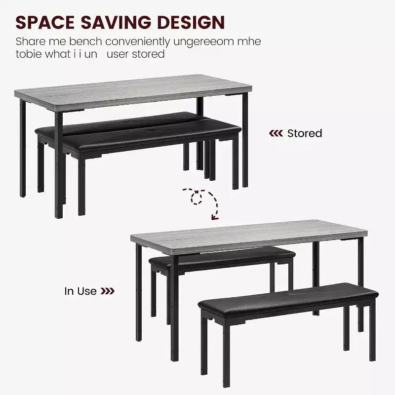 43.3 Ensemble de Table de Salle à Manger pour 4 avec 2 Bancs Rembourrés et Souples Cadre en Métal Ensemble de Table de Cuisine Rectangulaire 3 Pièces Gain de Place pour la Maison