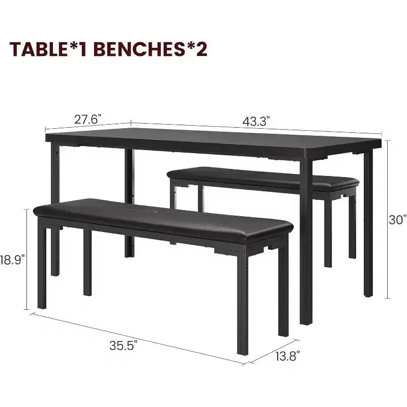43.3 Ensemble de Table de Salle à Manger pour 4 avec 2 Bancs Rembourrés et Souples Cadre en Métal Ensemble de Table de Cuisine Rectangulaire 3 Pièces Gain de Place pour la Maison