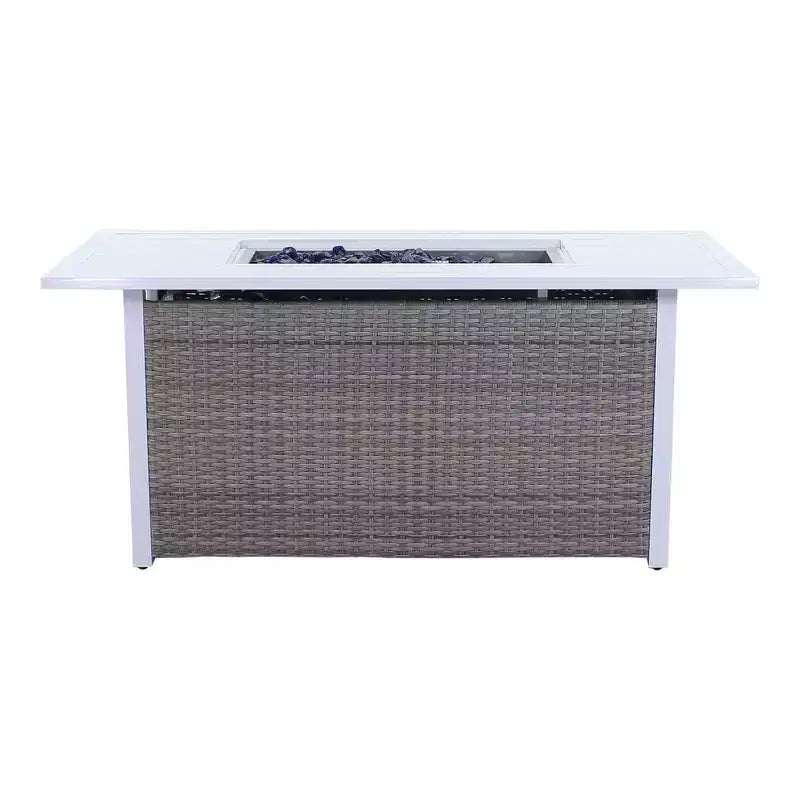 Ensemble de 5 pièces pour foyer rectangulaire Courtyard Casual Santa Fe avec chaises berçantes pivotantes en osier Comprend un foyer rectangulaire et quatre chaises berçantes pivotantes en osier