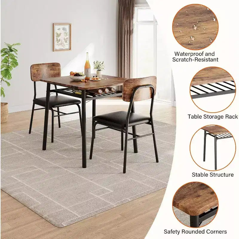 Ensemble de table à manger 3 pièces pour 2 personnes, avec étagère de rangement, table à manger peu encombrante et 2 chaises rembourrées, ensemble table et chaises de cuisine pour petit espace