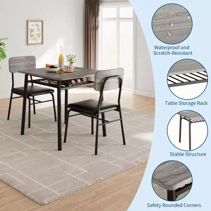 Ensemble de table à manger 3 pièces pour 2 personnes, avec étagère de rangement, table à manger peu encombrante et 2 chaises rembourrées, ensemble table et chaises de cuisine pour petit espace