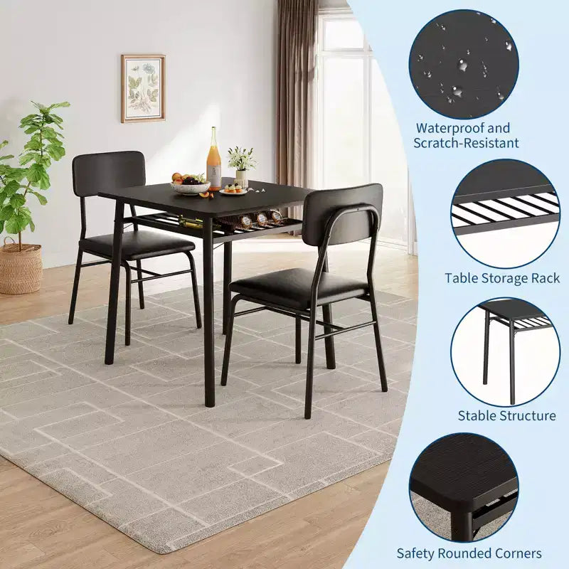 Ensemble de table à manger 3 pièces pour 2 personnes, avec étagère de rangement, table à manger peu encombrante et 2 chaises rembourrées, ensemble table et chaises de cuisine pour petit espace