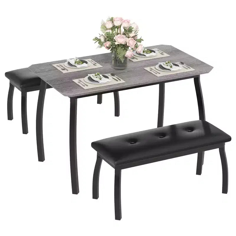Ensemble table de salle à manger 4 places, table de cuisine à cadre métallique avec 2 bancs rembourrés, ensemble de 3 meubles de salle à manger pour appartement, studio, maison