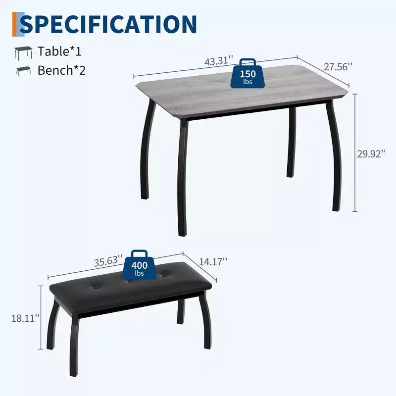 Ensemble table de salle à manger 4 places, table de cuisine à cadre métallique avec 2 bancs rembourrés, ensemble de 3 meubles de salle à manger pour appartement, studio, maison