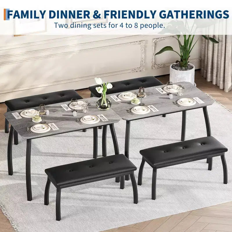 Ensemble table de salle à manger 4 places, table de cuisine à cadre métallique avec 2 bancs rembourrés, ensemble de 3 meubles de salle à manger pour appartement, studio, maison