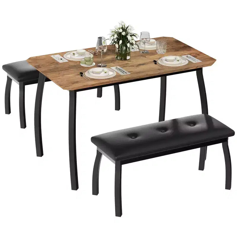 Ensemble table de salle à manger 4 places, table de cuisine à cadre métallique avec 2 bancs rembourrés, ensemble de 3 meubles de salle à manger pour appartement, studio, maison